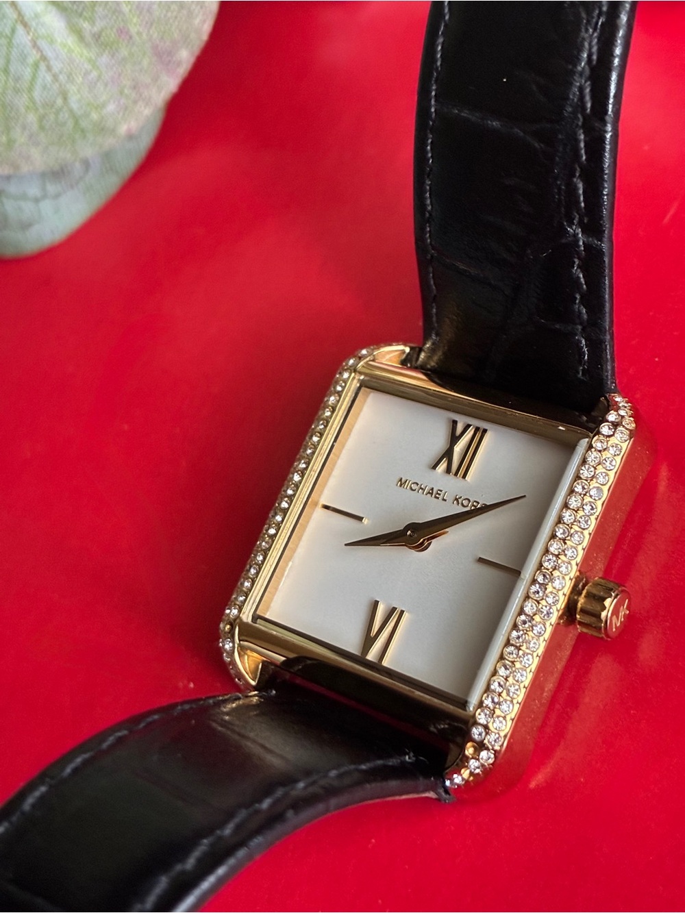 Michael Kors Women’s Gold-Tone Crystal Accent Black Leather Watch